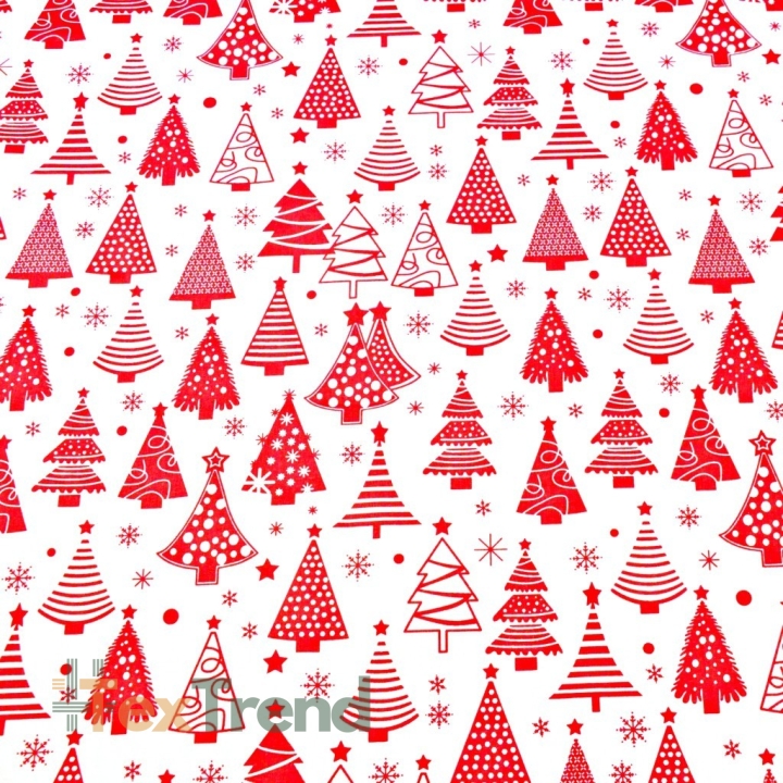Baumwolle 100% Weihnachtsmuster Weihnachtsbäume mit roten Kugeln auf weißem Hintergrund  