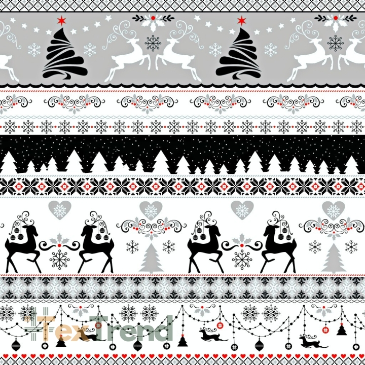 Baumwolle 100% Weihnachtsmuster Rehe schwarz grau auf weißem Hintergrund  