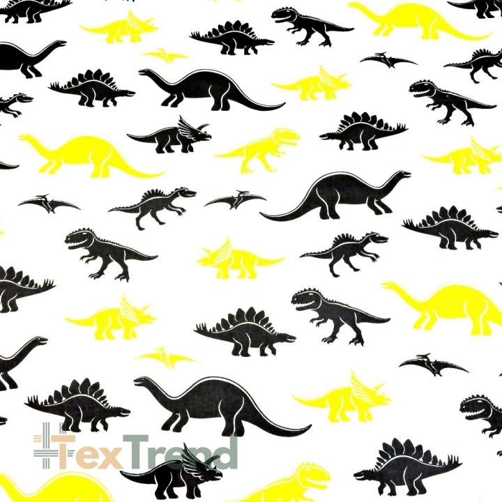 Baumwolle 100% Dinosaurier gelb-schwarz auf weißem Hintergrund  