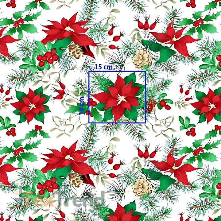 Baumwolle 100% Weihnachtsmuster Weihnachtsstern rot-grün auf weißem Hintergrund  