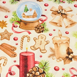 Baumwolle 100% Weihnachtsmuster Dekorationen beige-rot auf ecrufarbenem Hintergrund  