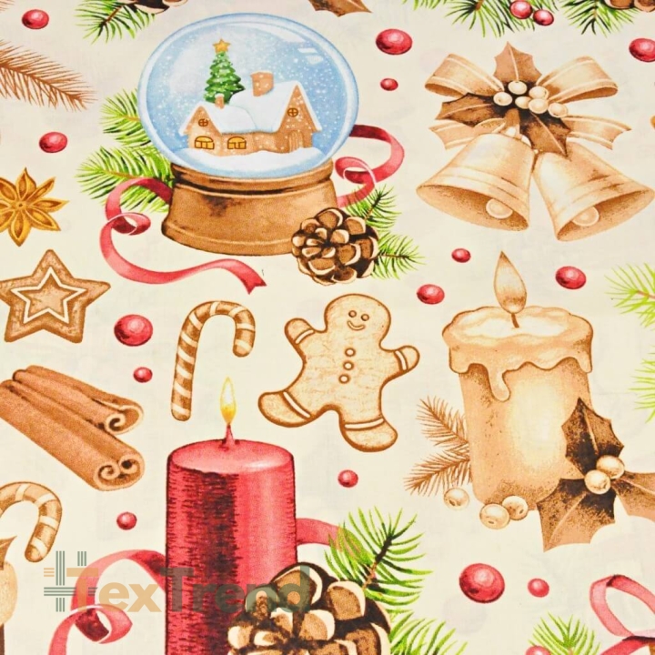 Baumwolle 100% Weihnachtsmuster Dekorationen beige-rot auf ecrufarbenem Hintergrund  