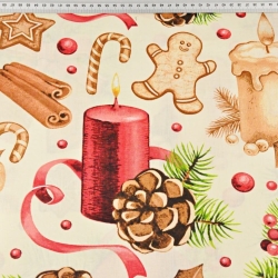 Baumwolle 100% Weihnachtsmuster Dekorationen beige-rot auf ecrufarbenem Hintergrund  