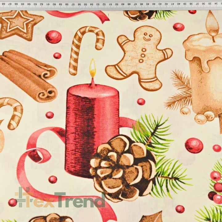 Baumwolle 100% Weihnachtsmuster Dekorationen beige-rot auf ecrufarbenem Hintergrund  