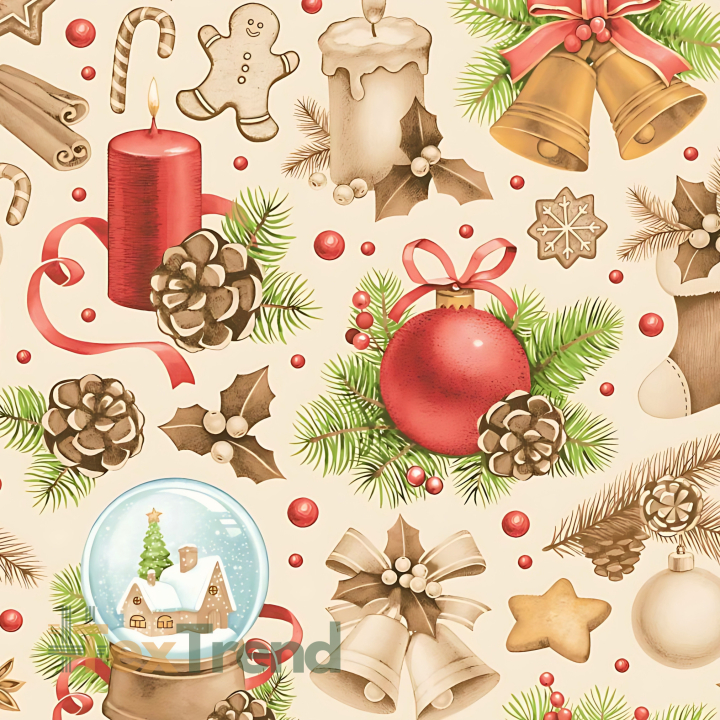 Baumwolle 100% Weihnachtsmuster Dekorationen beige-rot auf ecrufarbenem Hintergrund  