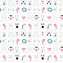 Baumwolle 100% mit rosa-blauen Tieren in Linien auf weißem Hintergrund  