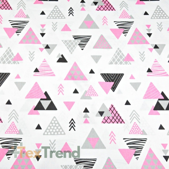 Baumwolle 100% Dreiecke mit Pfeilen grau-rosa auf weißem Hintergrund  