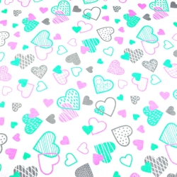 Baumwolle 100% Herzen LOVE rosa-minze-grau auf weißem Hintergrund  