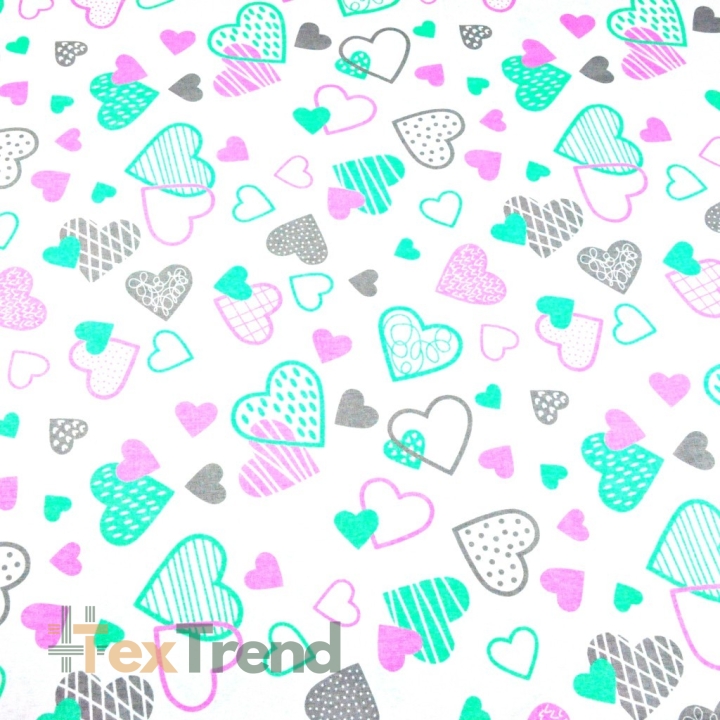 Baumwolle 100% Herzen LOVE rosa-minze-grau auf weißem Hintergrund  
