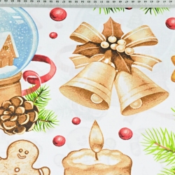 Baumwolle 100% Weihnachtsmuster Dekorationen beige-rot auf weißem Hintergrund  