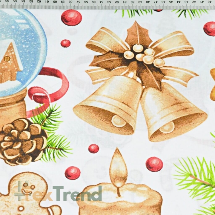 Baumwolle 100% Weihnachtsmuster Dekorationen beige-rot auf weißem Hintergrund  