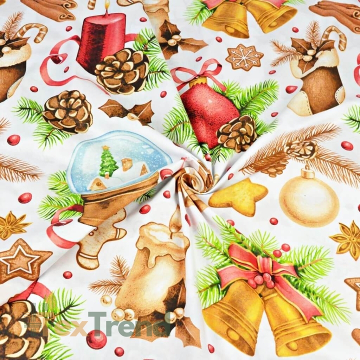 Baumwolle 100% Weihnachtsmuster Dekorationen beige-rot auf weißem Hintergrund  