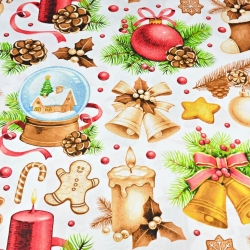 Baumwolle 100% Weihnachtsmuster Dekorationen beige-rot auf weißem Hintergrund  