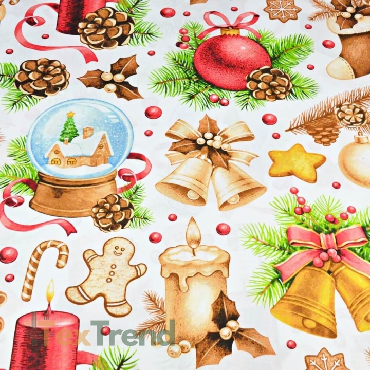 Baumwolle 100% Weihnachtsmuster Dekorationen beige-rot auf weißem Hintergrund  