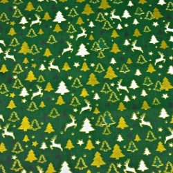 Baumwolle 100% Weihnachtsmuster MINI Rentier und Tannenbäume goldglänzend auf grünem Hintergrund  
