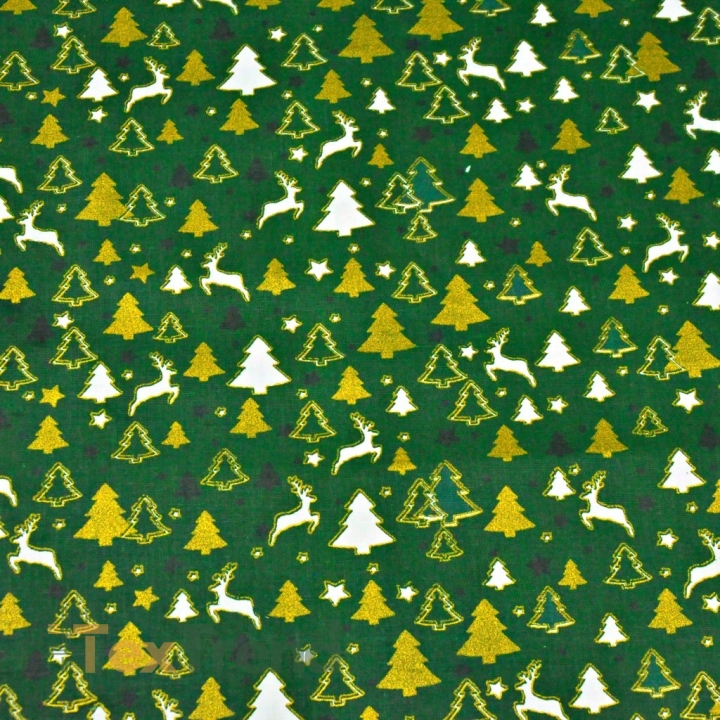 Baumwolle 100% Weihnachtsmuster MINI Rentier und Tannenbäume goldglänzend auf grünem Hintergrund  
