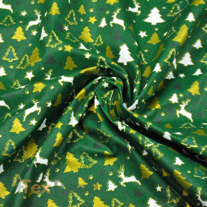 Baumwolle 100% Weihnachtsmuster MINI Rentier und Tannenbäume goldglänzend auf grünem Hintergrund  