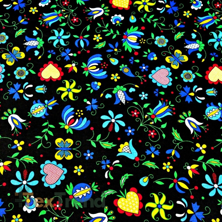 Baumwolle 100% Kaschubisches Muster blau auf schwarzem Hintergrund  