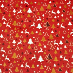 Baumwolle 100% Weihnachtsmuster MINI goldene und glänzende Rentier und Tannenbäume auf rotem Hintergrund  