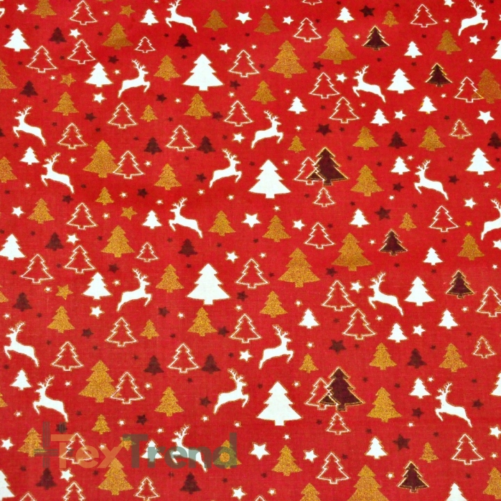 Baumwolle 100% Weihnachtsmuster MINI goldene und glänzende Rentier und Tannenbäume auf rotem Hintergrund  