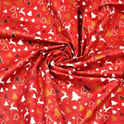 Baumwolle 100% Weihnachtsmuster MINI goldene und glänzende Rentier und Tannenbäume auf rotem Hintergrund  