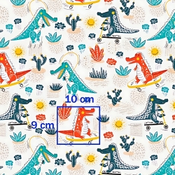 Baumwolle 100% Krokodile grün-orange auf Skateboards auf weißem Hintergrund  