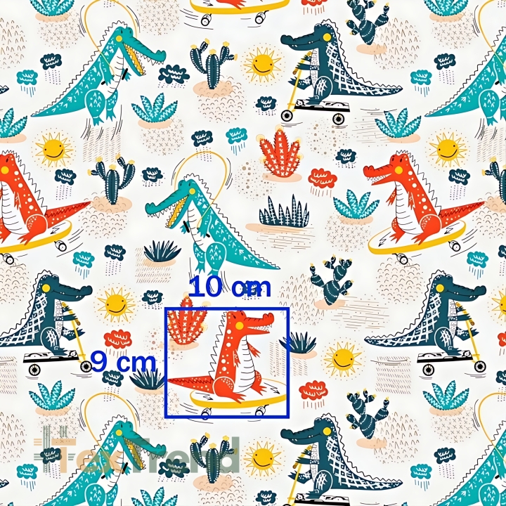 Baumwolle 100% Krokodile grün-orange auf Skateboards auf weißem Hintergrund  