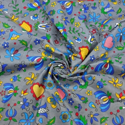 Baumwolle 100% Kaschubisches Muster blau auf grauem Hintergrund  