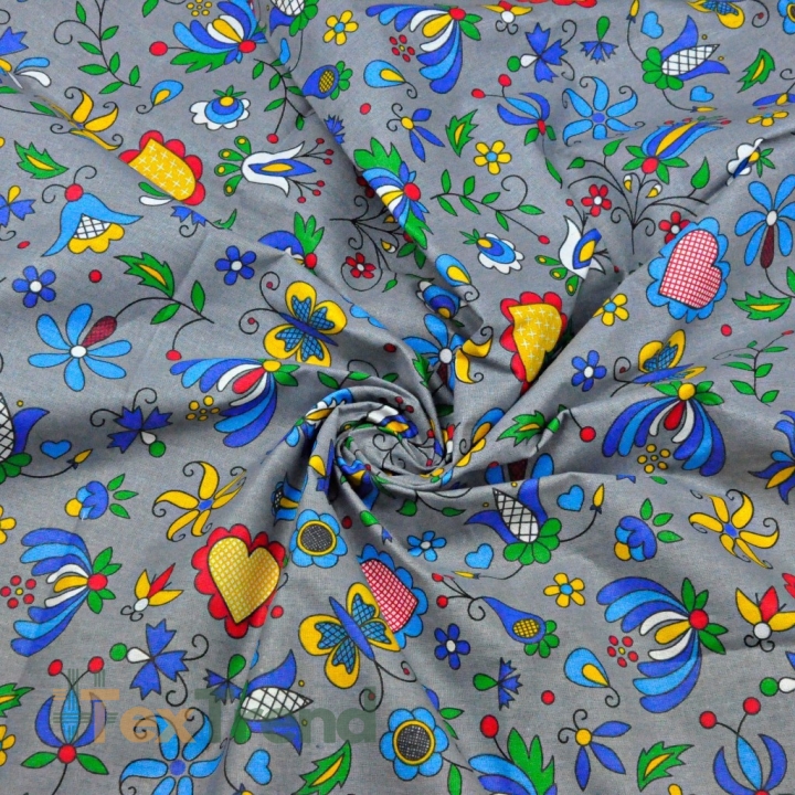Baumwolle 100% Kaschubisches Muster blau auf grauem Hintergrund  
