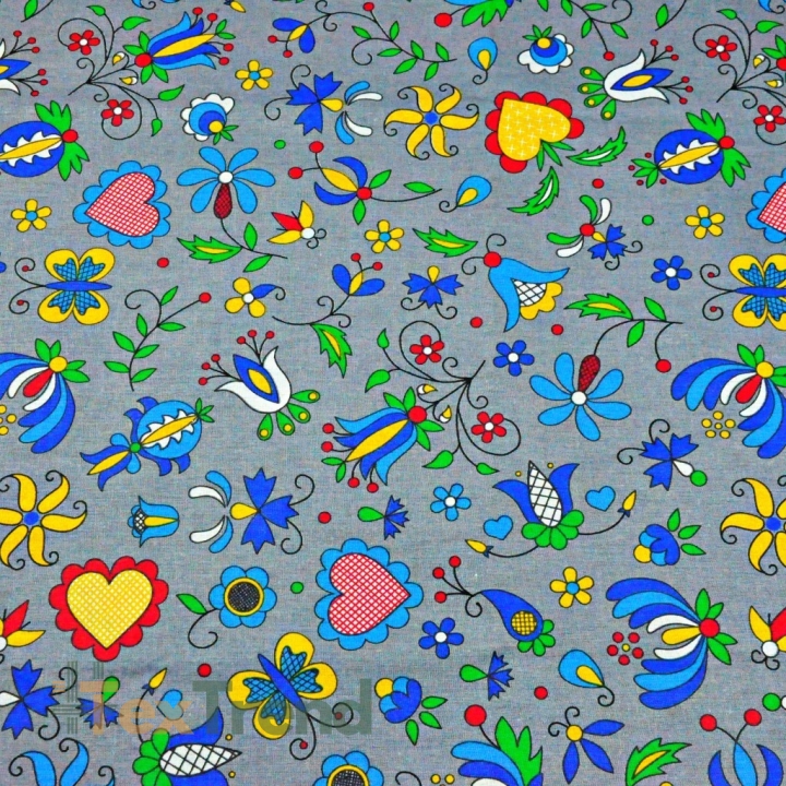 Baumwolle 100% Kaschubisches Muster blau auf grauem Hintergrund  