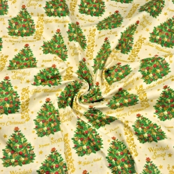 Baumwolle 100% Weihnachtsmuster goldene Tannenbäume mit Kugeln auf ecrufarbenem Hintergrund  