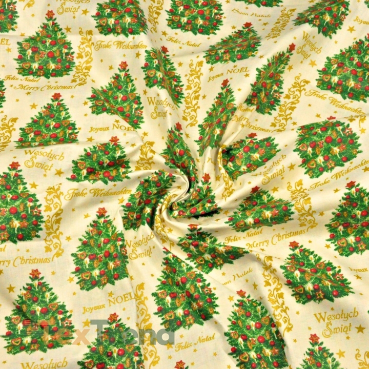 Baumwolle 100% Weihnachtsmuster goldene Tannenbäume mit Kugeln auf ecrufarbenem Hintergrund  