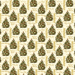 Baumwolle 100% Weihnachtsmuster goldene Tannenbäume mit Kugeln auf ecrufarbenem Hintergrund  