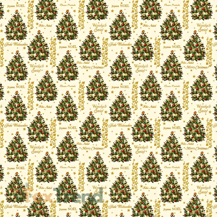 Baumwolle 100% Weihnachtsmuster goldene Tannenbäume mit Kugeln auf ecrufarbenem Hintergrund  
