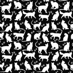 Baumwolle 100% Katzen Umrisse weiß auf schwarzem Hintergrund  