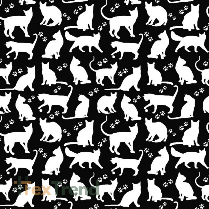 Baumwolle 100% Katzen Umrisse weiß auf schwarzem Hintergrund  