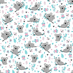 Baumwolle 100% mit Koala-Bären auf rosa-türkisfarbenen Ästen auf weißem Hintergrund  