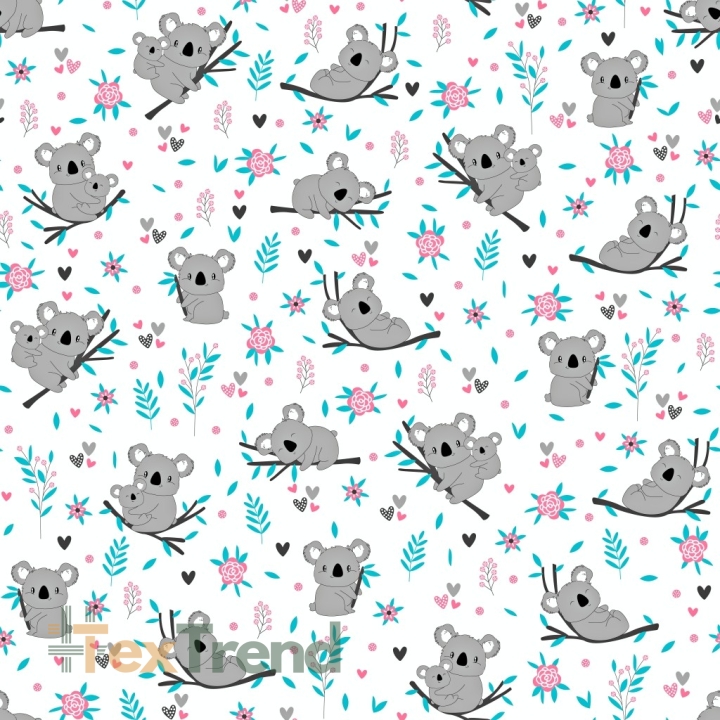 Baumwolle 100% mit Koala-Bären auf rosa-türkisfarbenen Ästen auf weißem Hintergrund  