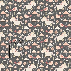 Baumwolle 100% Einhörner mit Vögeln rosa auf dunkelgrauem Hintergrund  