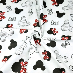 Baumwolle 100% MIKI schwarz-rot mit Schleife auf weißem Hintergrund  