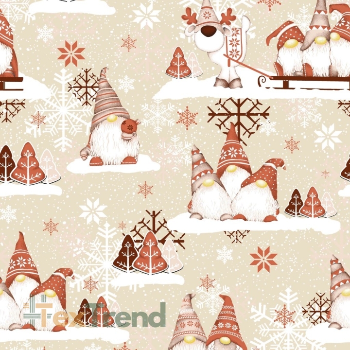 Baumwolle 100% Weihnachtsmuster Wichtel mit Rentier braun-beige auf beigem Hintergrund  