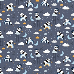 Baumwolle 100% Pandas mit Regenbogen auf dunkelgrauem Hintergrund  