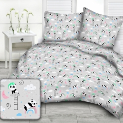 Baumwolle 100% Pandas mit Regenbogen rosa-mint auf hellgrauem Hintergrund  