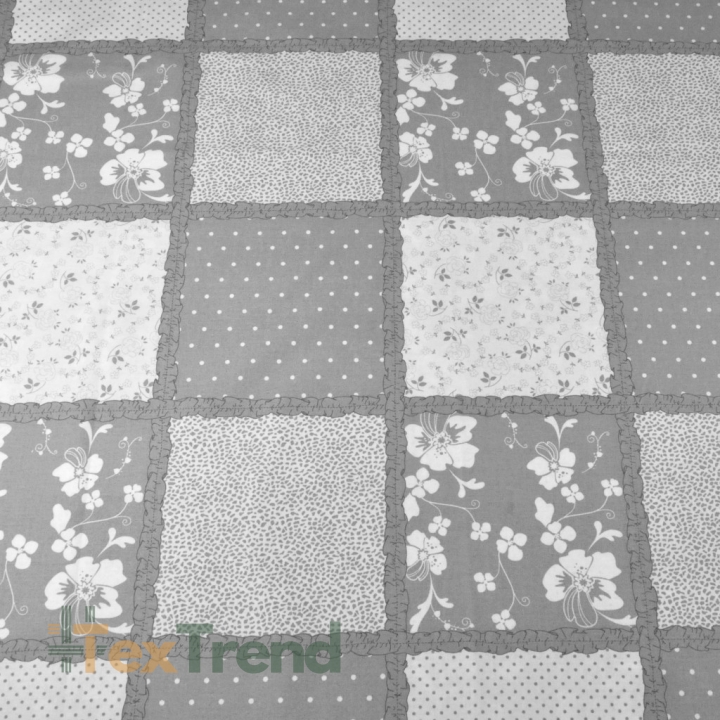 Baumwolle 100% Patchwork Blumen Punkte grau-weiß  