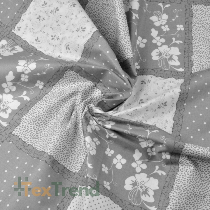 Baumwolle 100% Patchwork Blumen Punkte grau-weiß  
