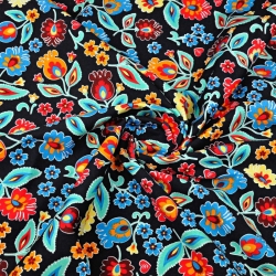 Jersey-Stoff Digitaldruck, Łowicz-Muster auf schwarzem Hintergrund  