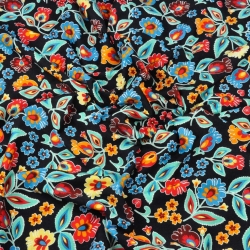 Jersey-Stoff Digitaldruck, Łowicz-Muster auf schwarzem Hintergrund  