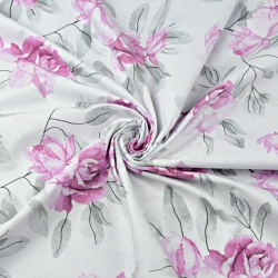 Baumwolle 100% Blumen Pfingstrose rosa grau auf weißem Hintergrund  