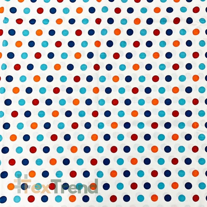 Baumwolle 100% Punkte 23mm blau-orange auf weißem Hintergrund  