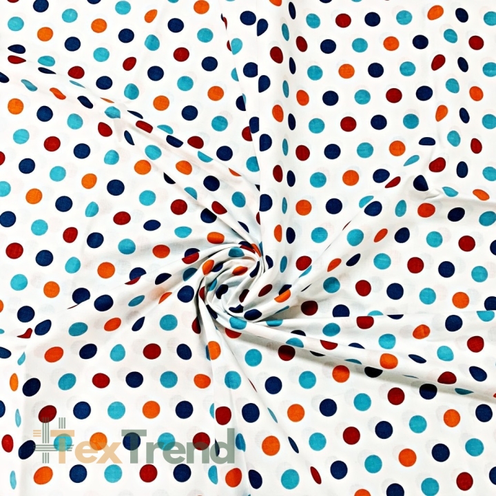 Baumwolle 100% Punkte 23mm blau-orange auf weißem Hintergrund  